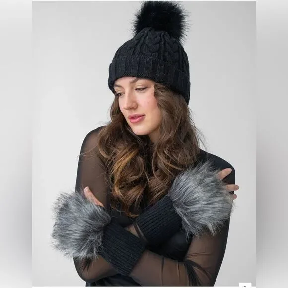 NEW! Adrienne Landau Faux Fur Fingerless Gloves *Black Snow*
